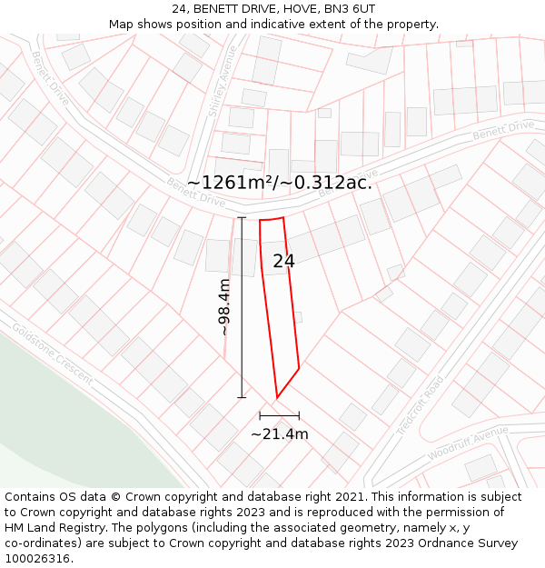 24, BENETT DRIVE, HOVE, BN3 6UT: Plot and title map