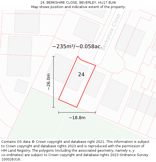 24, BERKSHIRE CLOSE, BEVERLEY, HU17 8UW: Plot and title map