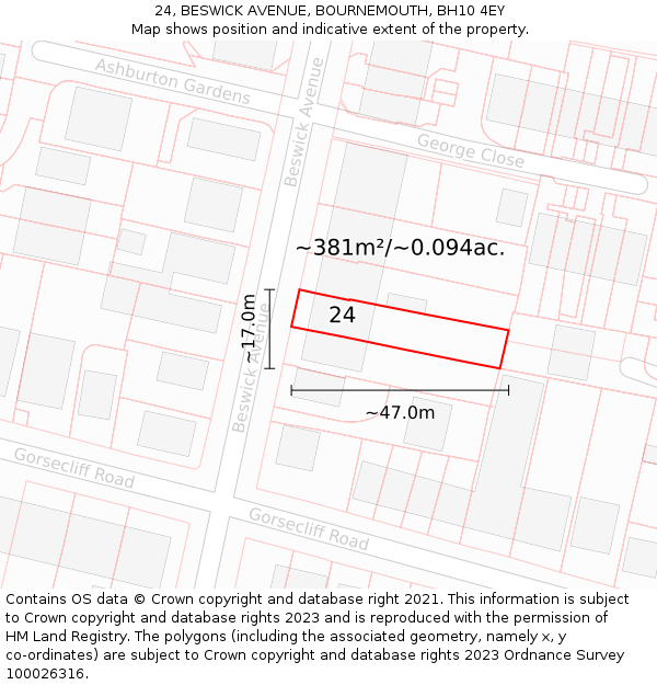 24, BESWICK AVENUE, BOURNEMOUTH, BH10 4EY: Plot and title map