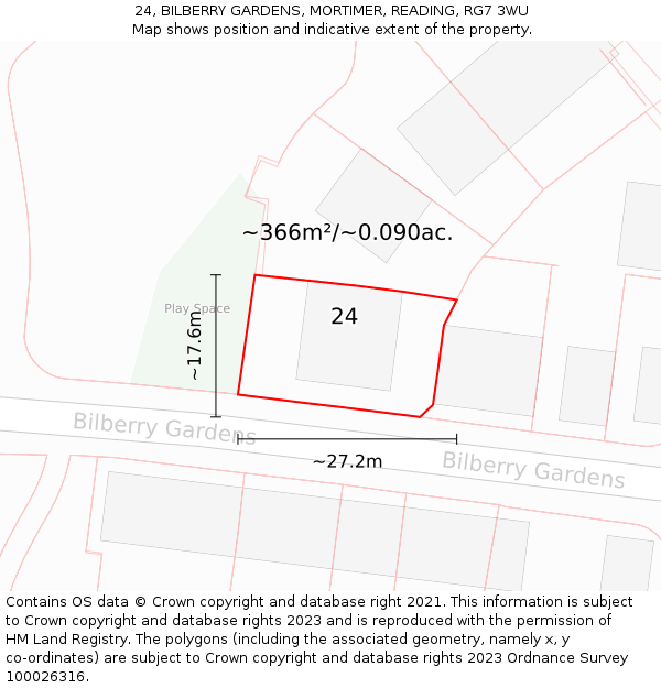 24, BILBERRY GARDENS, MORTIMER, READING, RG7 3WU: Plot and title map