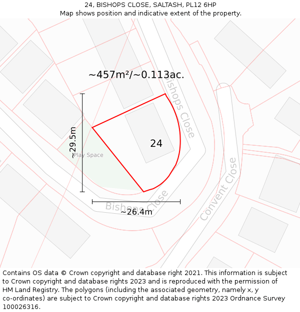 24, BISHOPS CLOSE, SALTASH, PL12 6HP: Plot and title map