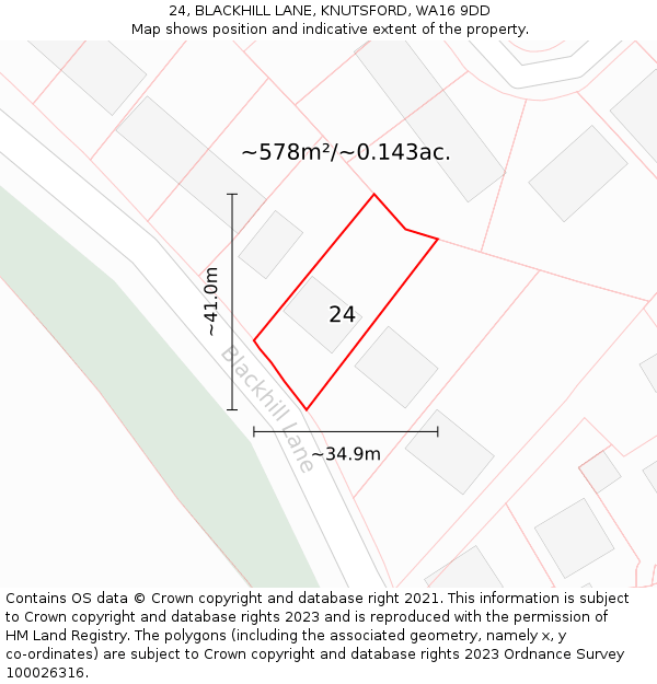 24, BLACKHILL LANE, KNUTSFORD, WA16 9DD: Plot and title map