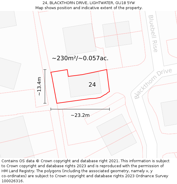 24, BLACKTHORN DRIVE, LIGHTWATER, GU18 5YW: Plot and title map