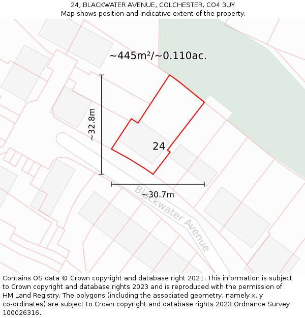 24, BLACKWATER AVENUE, COLCHESTER, CO4 3UY: Plot and title map