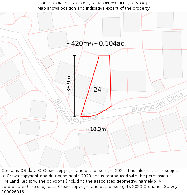 24, BLOOMESLEY CLOSE, NEWTON AYCLIFFE, DL5 4XQ: Plot and title map