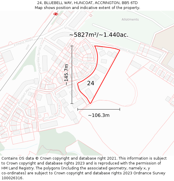 24, BLUEBELL WAY, HUNCOAT, ACCRINGTON, BB5 6TD: Plot and title map