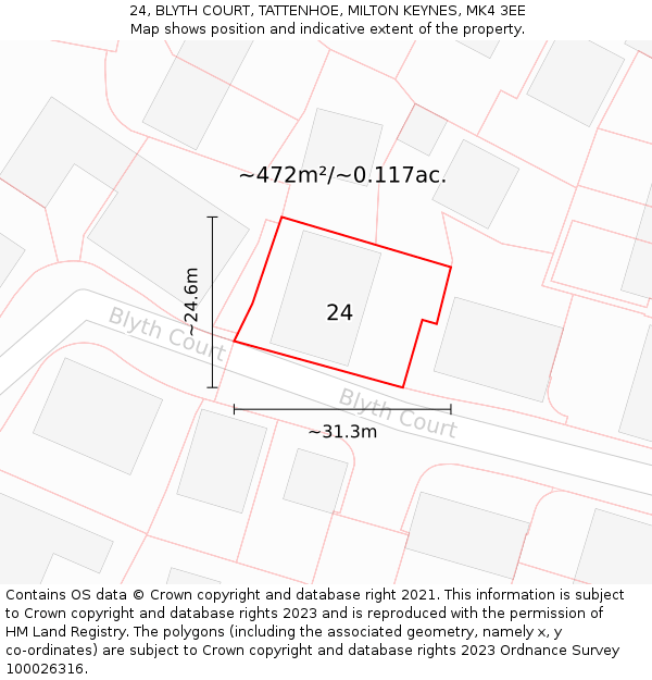 24, BLYTH COURT, TATTENHOE, MILTON KEYNES, MK4 3EE: Plot and title map