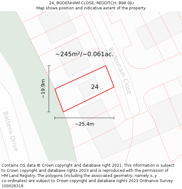 24, BODENHAM CLOSE, REDDITCH, B98 0JU: Plot and title map