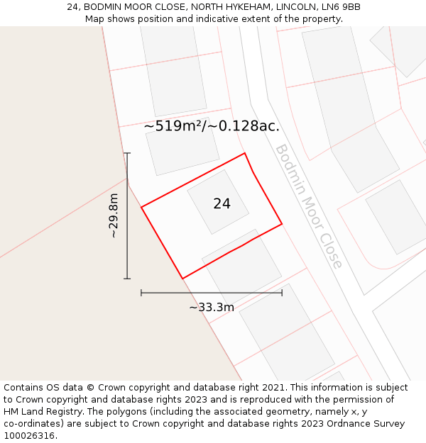 24, BODMIN MOOR CLOSE, NORTH HYKEHAM, LINCOLN, LN6 9BB: Plot and title map