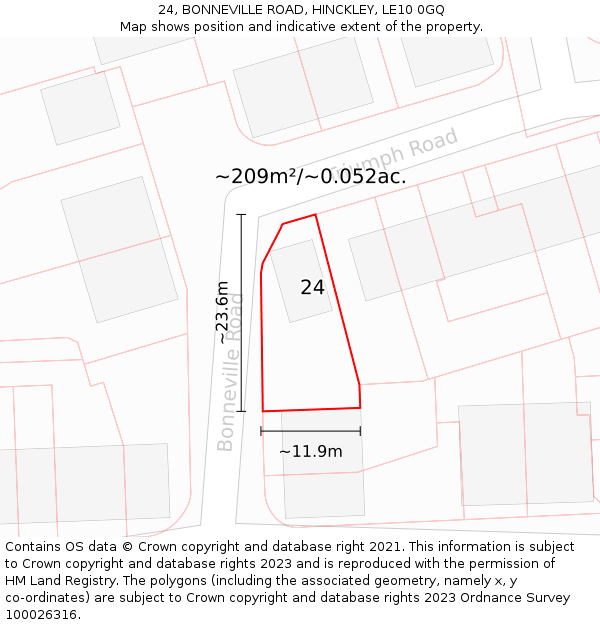 24, BONNEVILLE ROAD, HINCKLEY, LE10 0GQ: Plot and title map