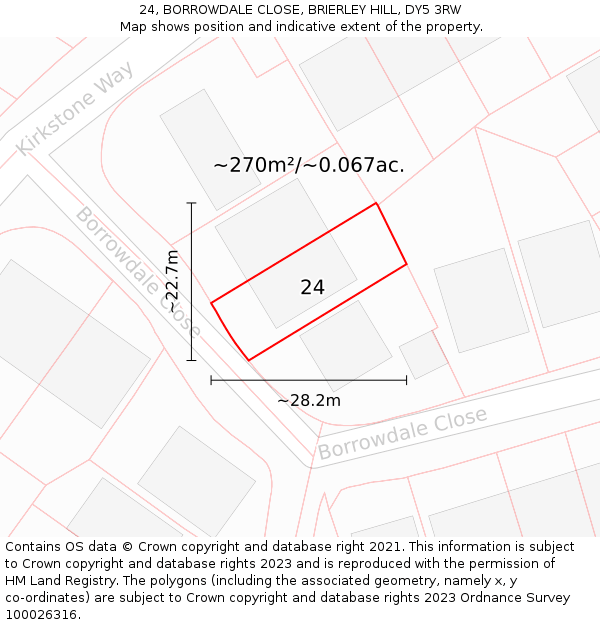 24, BORROWDALE CLOSE, BRIERLEY HILL, DY5 3RW: Plot and title map