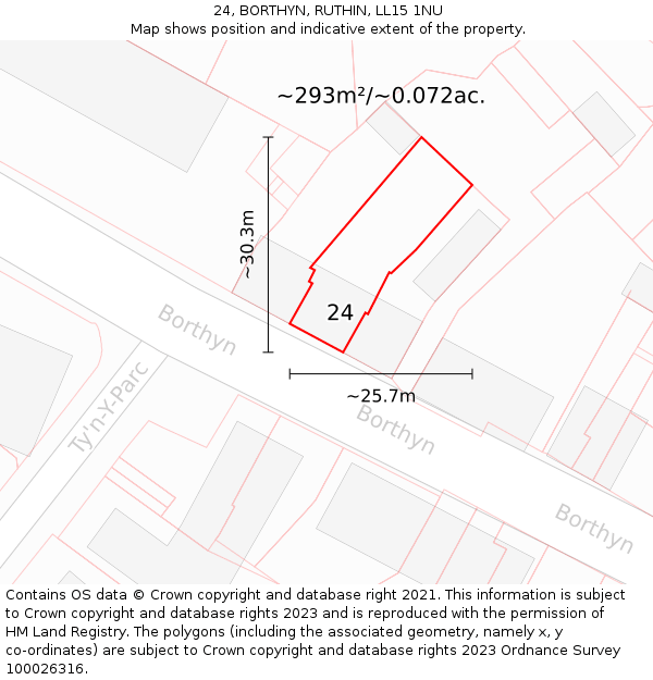 24, BORTHYN, RUTHIN, LL15 1NU: Plot and title map