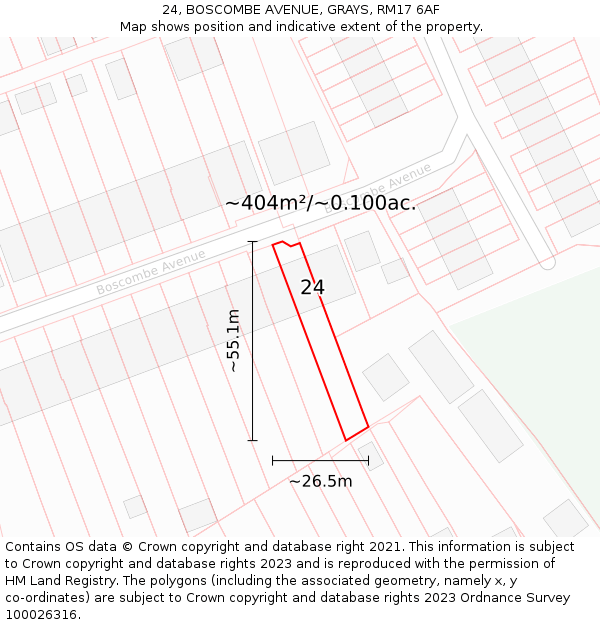 24, BOSCOMBE AVENUE, GRAYS, RM17 6AF: Plot and title map