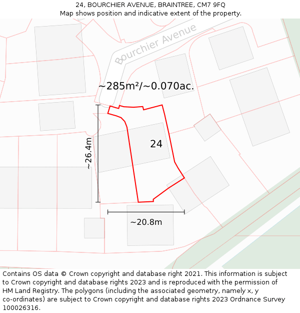 24, BOURCHIER AVENUE, BRAINTREE, CM7 9FQ: Plot and title map