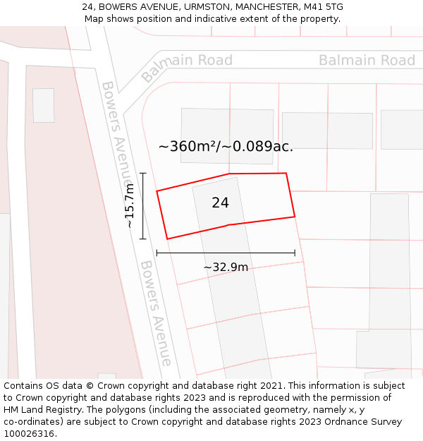 24, BOWERS AVENUE, URMSTON, MANCHESTER, M41 5TG: Plot and title map