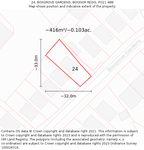 24, BOXGROVE GARDENS, BOGNOR REGIS, PO21 4BB: Plot and title map