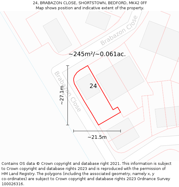 24, BRABAZON CLOSE, SHORTSTOWN, BEDFORD, MK42 0FF: Plot and title map