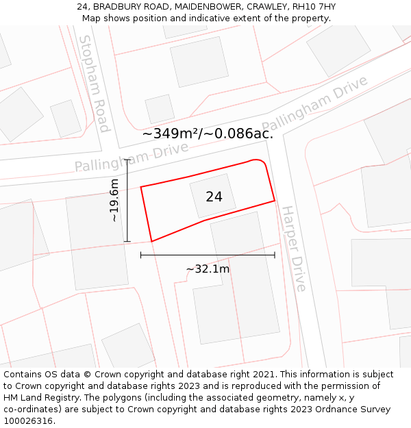 24, BRADBURY ROAD, MAIDENBOWER, CRAWLEY, RH10 7HY: Plot and title map