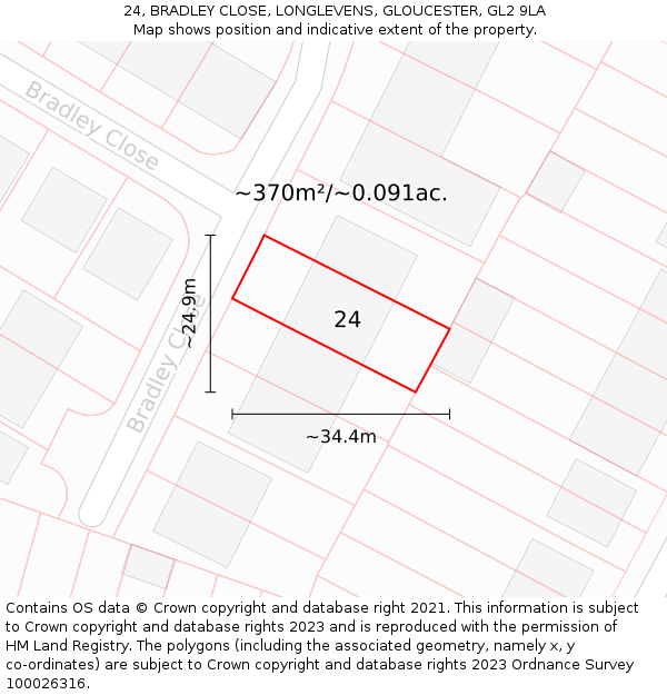 24, BRADLEY CLOSE, LONGLEVENS, GLOUCESTER, GL2 9LA: Plot and title map
