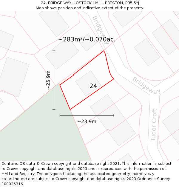 24, BRIDGE WAY, LOSTOCK HALL, PRESTON, PR5 5YJ: Plot and title map