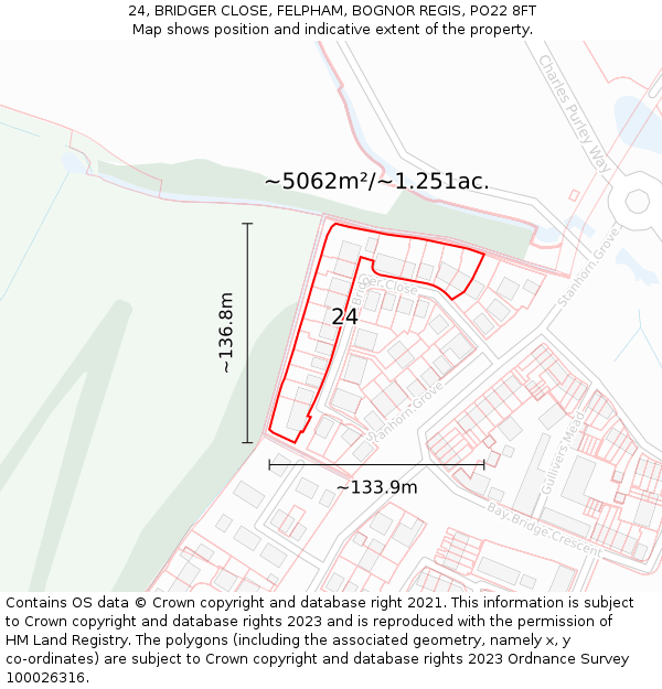 24, BRIDGER CLOSE, FELPHAM, BOGNOR REGIS, PO22 8FT: Plot and title map