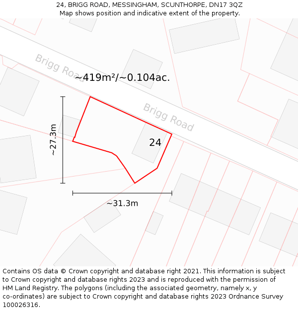 24, BRIGG ROAD, MESSINGHAM, SCUNTHORPE, DN17 3QZ: Plot and title map