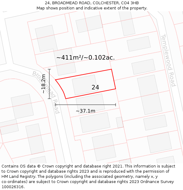 24, BROADMEAD ROAD, COLCHESTER, CO4 3HB: Plot and title map