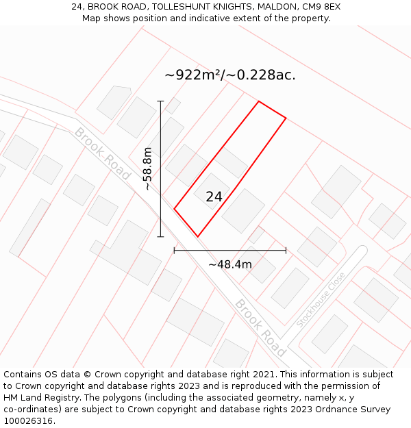 24, BROOK ROAD, TOLLESHUNT KNIGHTS, MALDON, CM9 8EX: Plot and title map