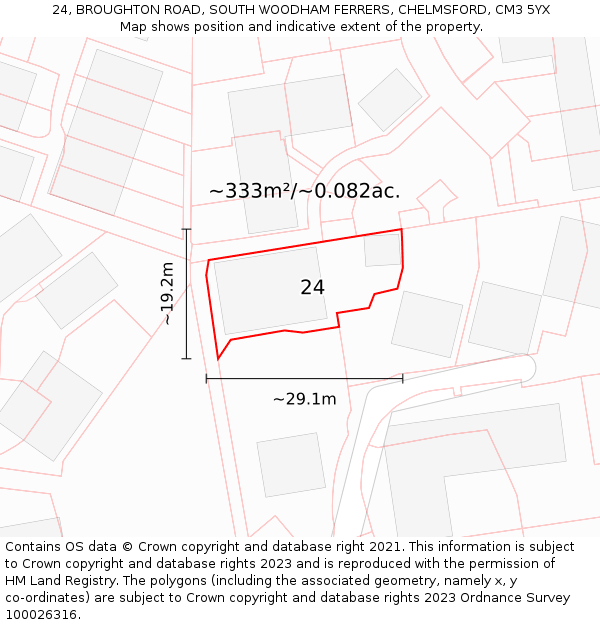 24, BROUGHTON ROAD, SOUTH WOODHAM FERRERS, CHELMSFORD, CM3 5YX: Plot and title map