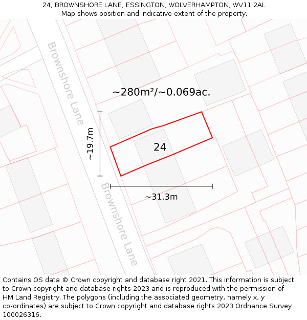 24, BROWNSHORE LANE, ESSINGTON, WOLVERHAMPTON, WV11 2AL: Plot and title map