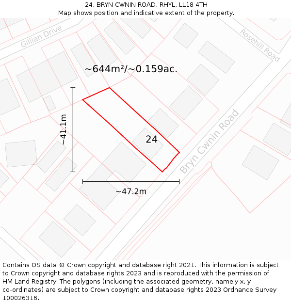 24, BRYN CWNIN ROAD, RHYL, LL18 4TH: Plot and title map