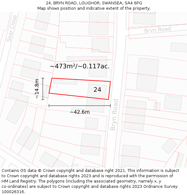 24, BRYN ROAD, LOUGHOR, SWANSEA, SA4 6PG: Plot and title map
