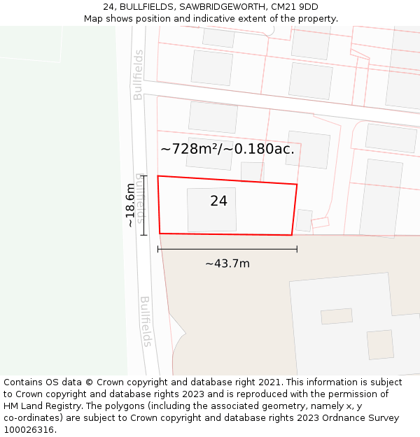 24, BULLFIELDS, SAWBRIDGEWORTH, CM21 9DD: Plot and title map