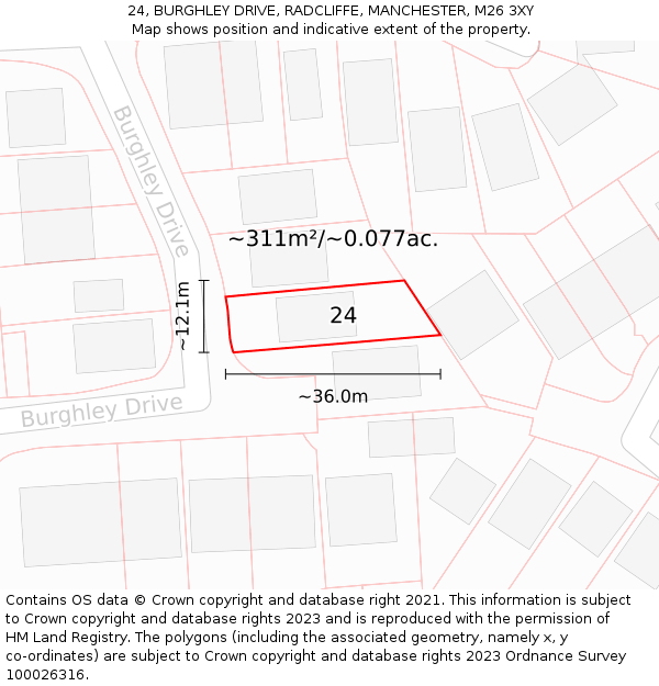 24, BURGHLEY DRIVE, RADCLIFFE, MANCHESTER, M26 3XY: Plot and title map