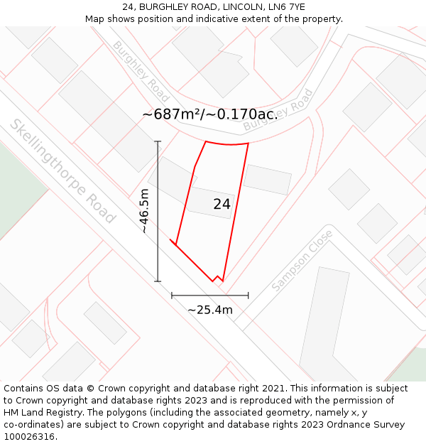 24, BURGHLEY ROAD, LINCOLN, LN6 7YE: Plot and title map