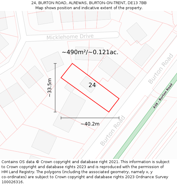 24, BURTON ROAD, ALREWAS, BURTON-ON-TRENT, DE13 7BB: Plot and title map