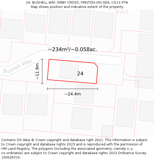 24, BUSHELL WAY, KIRBY CROSS, FRINTON-ON-SEA, CO13 0TW: Plot and title map