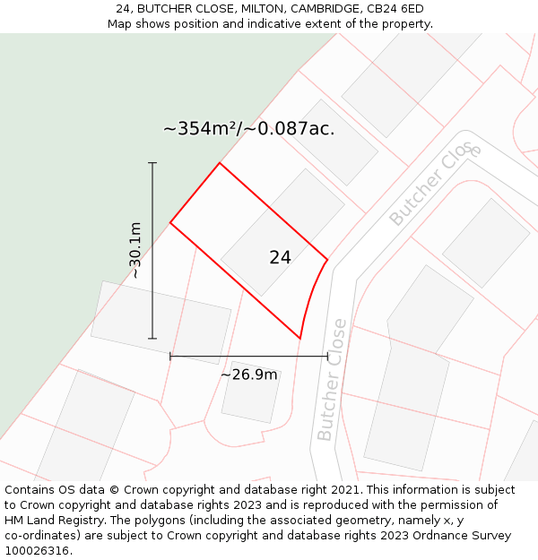 24, BUTCHER CLOSE, MILTON, CAMBRIDGE, CB24 6ED: Plot and title map