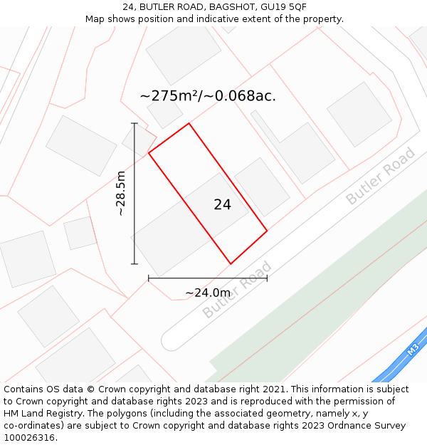 24, BUTLER ROAD, BAGSHOT, GU19 5QF: Plot and title map