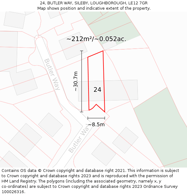 24, BUTLER WAY, SILEBY, LOUGHBOROUGH, LE12 7GR: Plot and title map