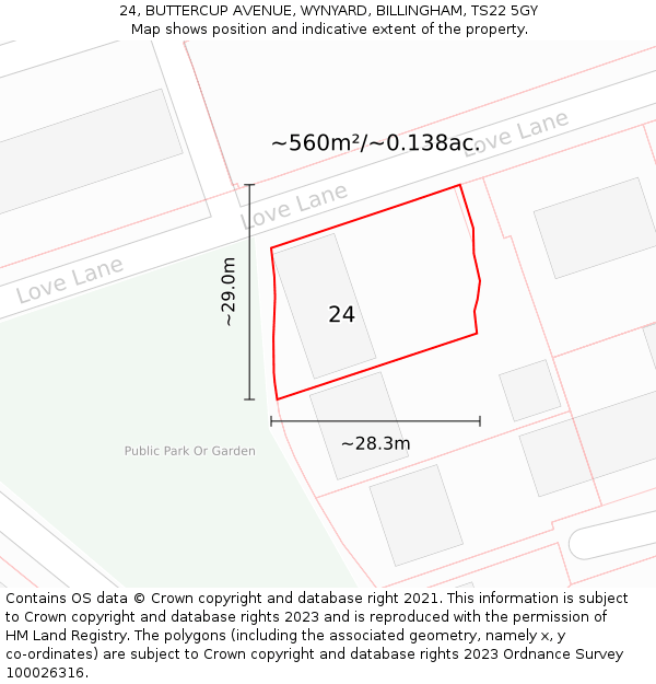 24, BUTTERCUP AVENUE, WYNYARD, BILLINGHAM, TS22 5GY: Plot and title map