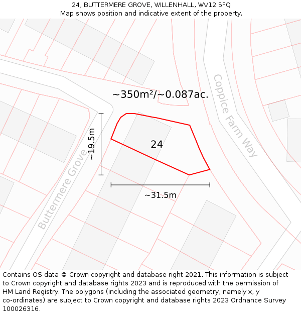 24, BUTTERMERE GROVE, WILLENHALL, WV12 5FQ: Plot and title map