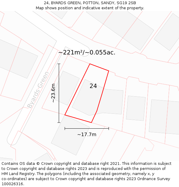 24, BYARDS GREEN, POTTON, SANDY, SG19 2SB: Plot and title map