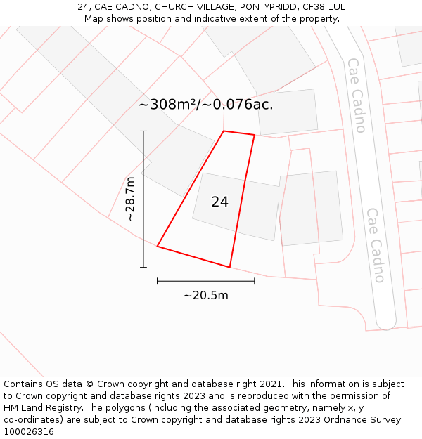 24, CAE CADNO, CHURCH VILLAGE, PONTYPRIDD, CF38 1UL: Plot and title map