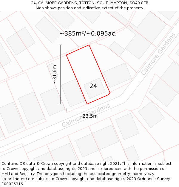 24, CALMORE GARDENS, TOTTON, SOUTHAMPTON, SO40 8ER: Plot and title map