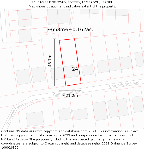 24, CAMBRIDGE ROAD, FORMBY, LIVERPOOL, L37 2EL: Plot and title map