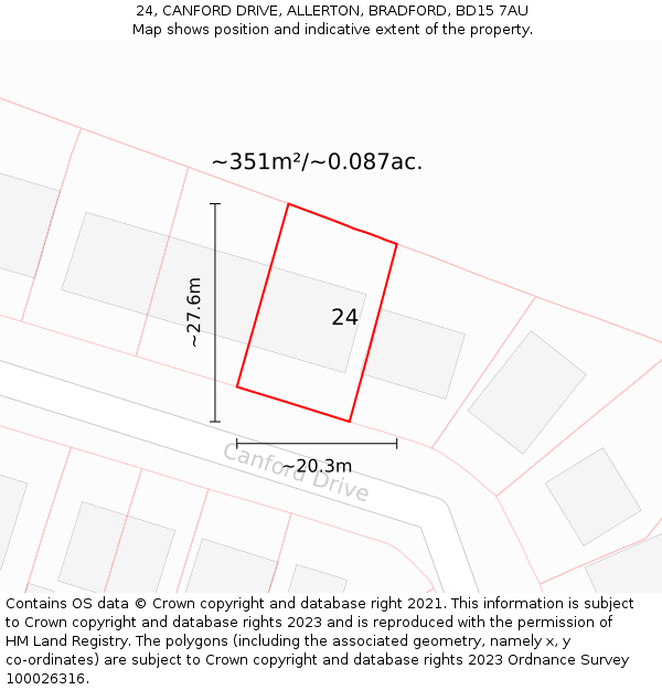 24, CANFORD DRIVE, ALLERTON, BRADFORD, BD15 7AU: Plot and title map