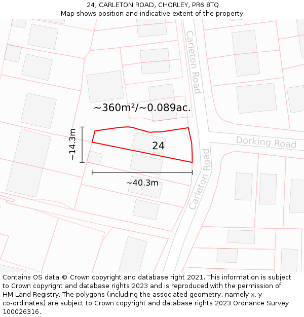 24, CARLETON ROAD, CHORLEY, PR6 8TQ: Plot and title map