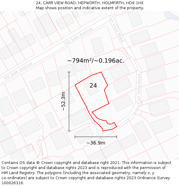 24, CARR VIEW ROAD, HEPWORTH, HOLMFIRTH, HD9 1HX: Plot and title map