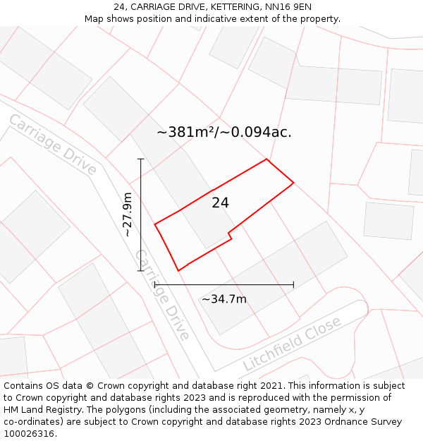 24, CARRIAGE DRIVE, KETTERING, NN16 9EN: Plot and title map